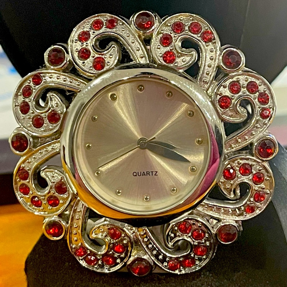 Mini Clock Silvertone Faux Red Rubies Filigree  Japan Movement 2 Inch Diameter